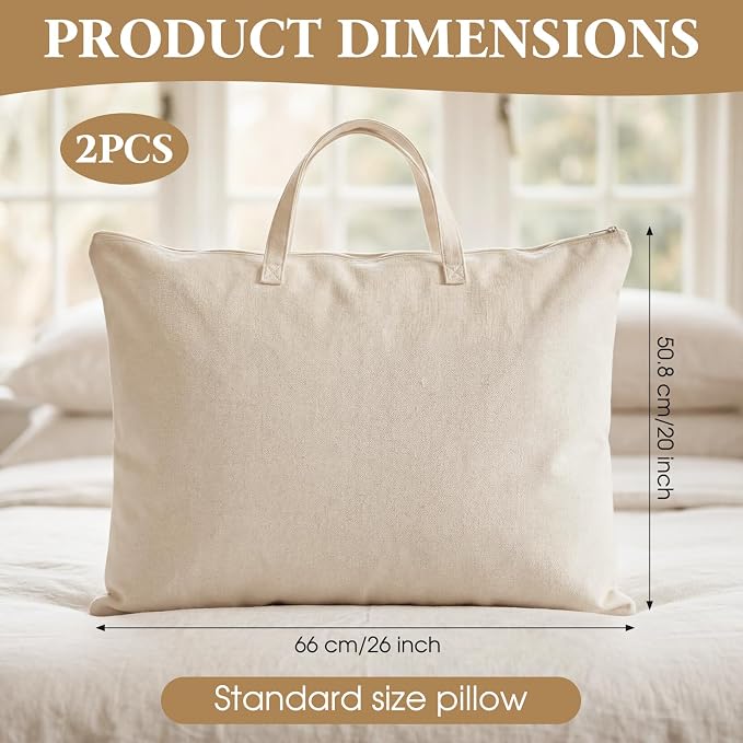 2 Pack Travel Pillow and Blanket Bags, 100% Cotton Canvas Pillow Storage Bag with Handles for Airplane Home, Heavy Duty Breathable Organizer for Bedding Linens, Pillow Bag for Traveling(2,20"x26")