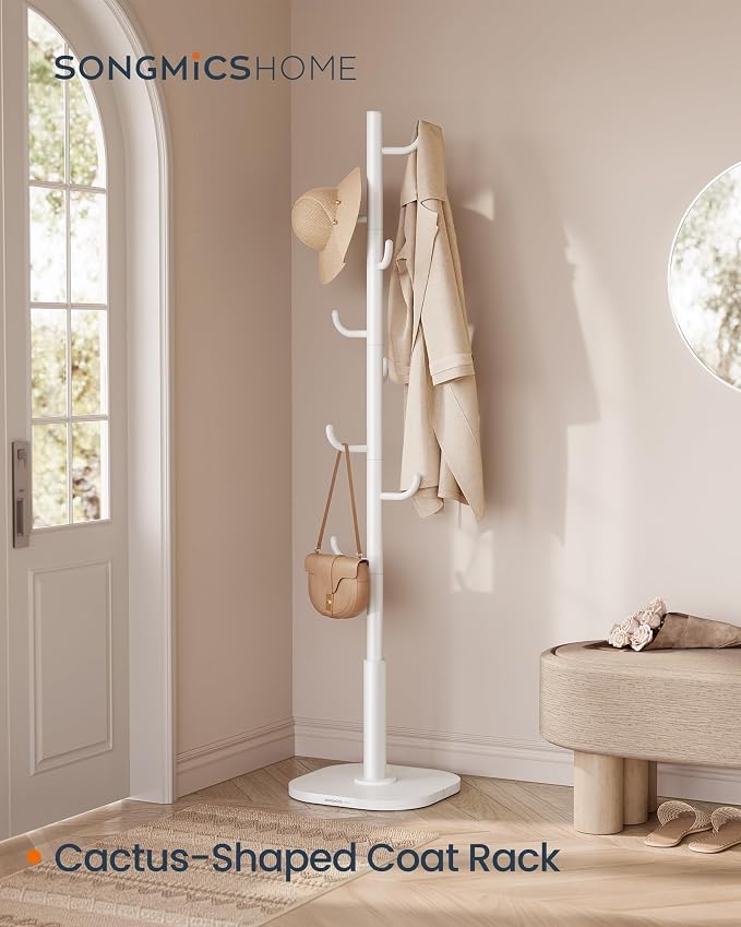 SONGMICS HOME Cactus-Shaped Coat Rack, Freestanding Coat Tree, Coat Hanger Stand with 8 Sturdy Hooks, with Curved Ends, for Clothes, Hats, Bags, Cloud White URCR039W01