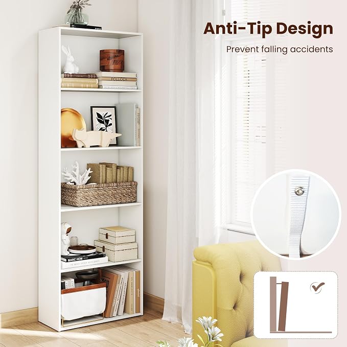 Giantex 5-Tier Bookshelves Set of 2, Freestanding Tall Bookcase with 5 Open Compartments, Modern Storage Organizer, Display Shelving Unit for Living Room, Bedroom, White