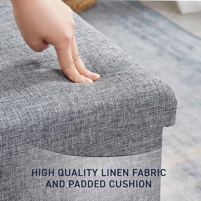 Ornavo Home 15 Inch Folding Storage Ottoman Cube, Tufted Linen, Gray | Upholstered Cube with Lid; Foot Rest Stool; Ideal for Bedroom, Living Room or Entryway