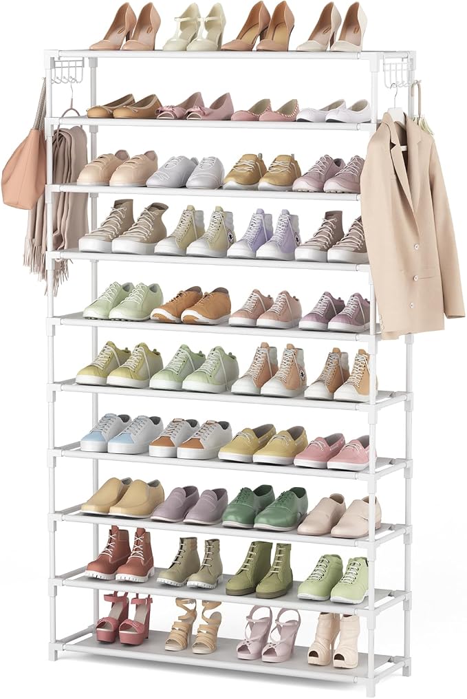 LANTEFUL 10 Tiers Shoe Rack 50 Pairs Large Capacity Tall Shoe Organizer Sturdy Shoe Storage with Two Hooks Space Saving Metal Wide Shoe Rack for Closet, Entryway, Bedroom, White