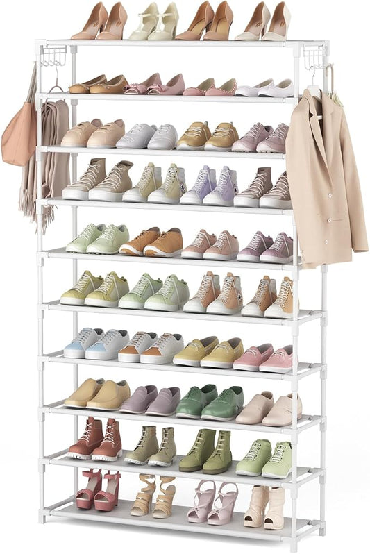 LANTEFUL 10 Tiers Shoe Rack 50 Pairs Large Capacity Tall Shoe Organizer Sturdy Shoe Storage with Two Hooks Space Saving Metal Wide Shoe Rack for Closet, Entryway, Bedroom, White