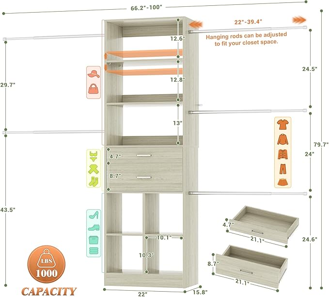 Besiost Closet System, 4-8 FT Closet Organizer Tower with 2 Wooden Drawers and Shelves, Can Fit 60 to 96 inch Walk-in Closet System with 5 Hang Rods, Built-in, Greige Oak