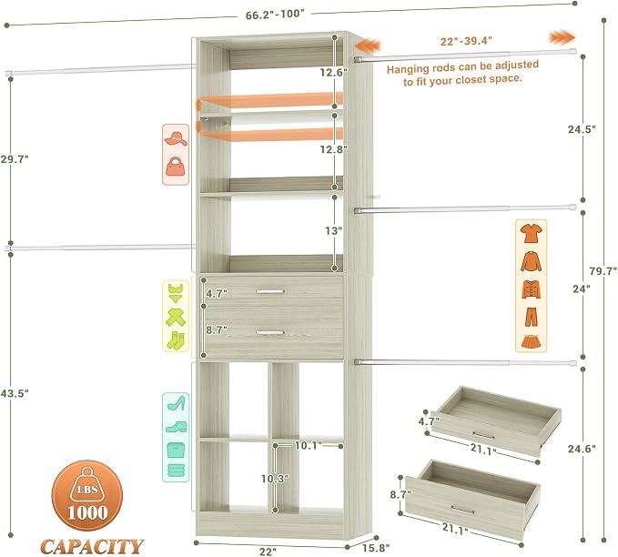 Besiost Closet System, 4-8 FT Closet Organizer Systems with 2 Wooden Drawers and 5 Hanging Rods, Can Fit 60 to 96 inch Walk-in Closet System, Greige Oak