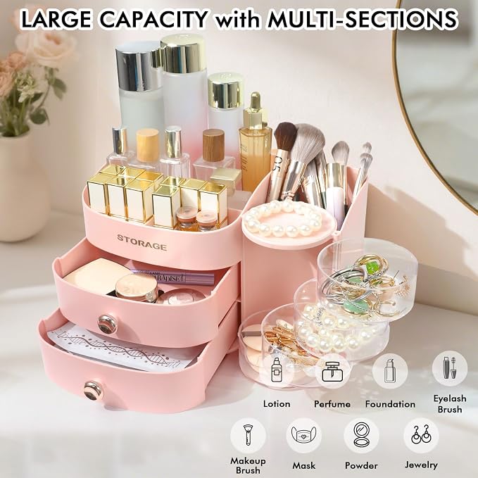 Makeup Organizer Countertop with Drawers, Make up Organizers for Vanity | Skincare Jewelry Earring Organizers, Cosmetic Display Cases Makeup Storage for Bathroom|Dresser, Ideal Gifts for Women(Pink)