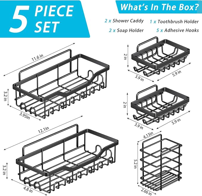Fammart Adhesive Shower Caddy, 5-Pack Rustproof Stainless Steel Bathroom Organizer with 28 Hooks, No-Drill Large Capacity Shower Shelves for Bathroom Storage & Home Décor, Black