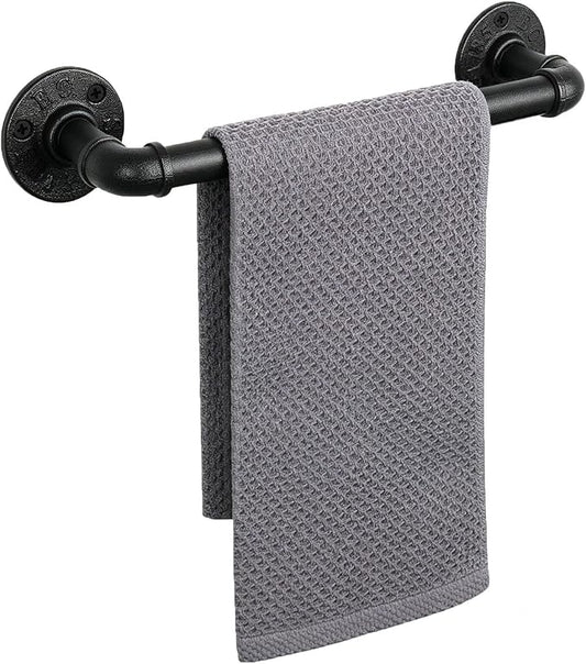 Industrial Pipe Towel Rack Towel Bar, Heavy Duty Wall Mounted Rustic Farmhouse Bath Towel Holder for Bathroom (Black, 12 inch)