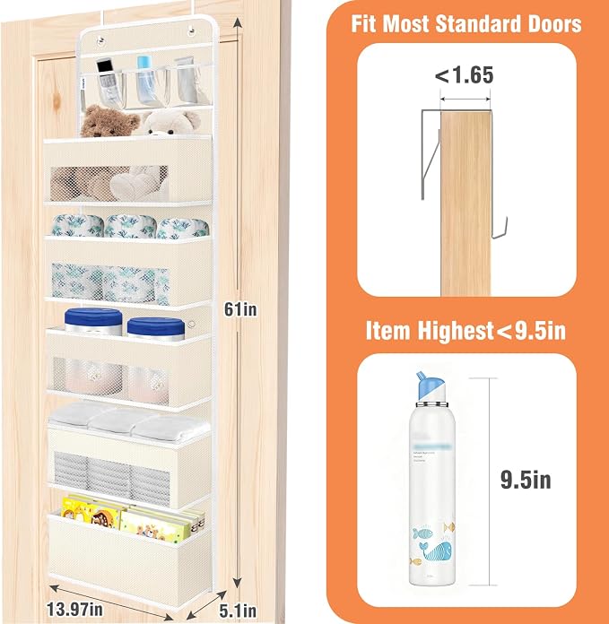 Over The Door Organizer Storage Large Capacity Hanging Bedroom Storage | 6 Shelves, Detachable, 40 LB Capacity, Mesh Design, Clear Window, Sturdy, Storage Organizer for Nursery, Pantry & Closet