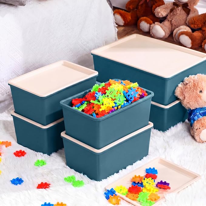 6 Pcs Large and Small Plastic Storage Bins with Lids 14.4 x 10.4 x 5.1 Inch Stackable Storage Containers Decorative Cubby Organizer for Clothes Shelves Garage Closet Office (Blue)