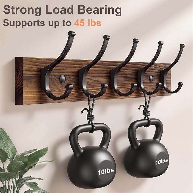 Optish 2 Pack Wooden Coat Rack Wall Mount, 16.1" Rustic Coat Hanger Hooks with 10 Double Hooks, Wall Coat Rack for Hat, Clothes, Bags, Jacket, Brown