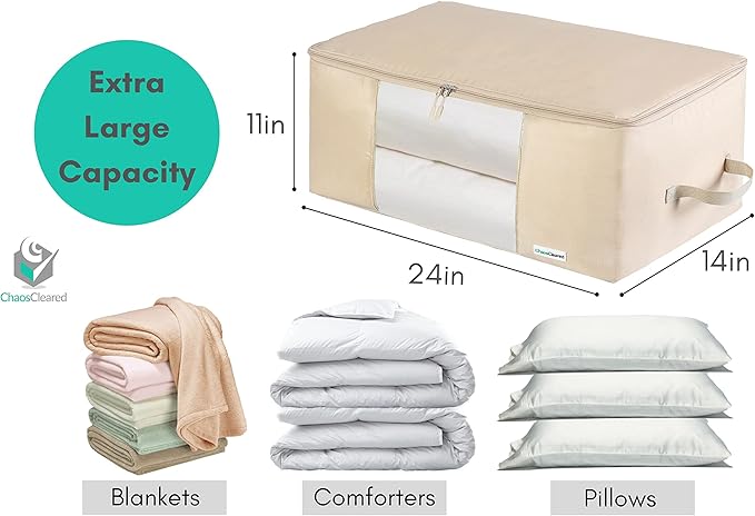 Comforter Storage Bag - Folding Organizer bag for King/Queen Comforters, Pillows, Blankets, Bedding/Quilt, Blanket, Duvet, Large Collapsible Organizers, 24"x14"x11" (Beige, 1-Pack)