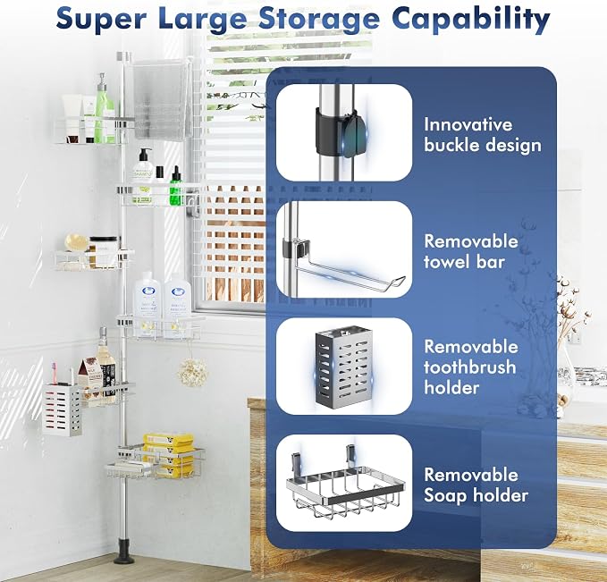 Shower Caddy Corner Tension Pole,Stainless Steel Shelves Bathroom Organizer | Rustproof 6-Tire Shelf, Adjustable 30-120 Inch Storage, Towel Bar & Soap Dish & Toothbrush Holder Rack