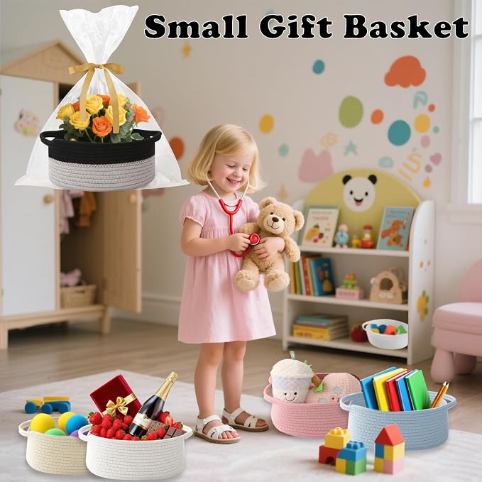 Woven Rope Basket - Baby Gift Basket with Bag & Ribbon, Black&Grey | Cotton rope with handle, 12 x 8 x 5 in, gift bag and ribbon, for baby shower, birthday, toy storage, nursery, shelf decor