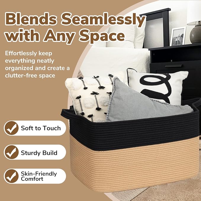 Goodpick Large Wicker Blanket Basket, Cotton Rope Storage, Black & Camel | 85L, 23.6 x 15.7 x 13.8 in, Home Organization & Decor, Blankets, Pillows, Toys & Clothes Storage for Living Room and Bedroom