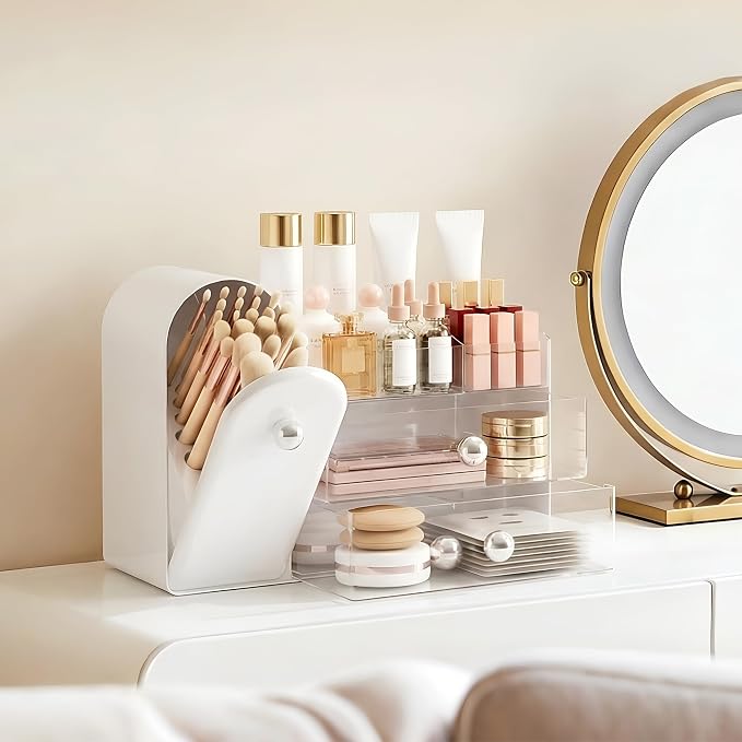 lurcns Makeup Organizer with Dustproof Brush Holder for Vanity, Large Cosmetics Organizer and Bathroom Countertop Skincare Storage with 2 Clear Drawers for Lipstick, Perfume, Eyeshadow Palettes,White