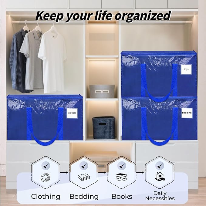 8 Pack Extra Large Clothes Storage Bins with Lids, Storage Bags with Reinforced Handles & Heavy-Duty Zippers, Moving Bags, Moving Boxes Totes for Clothes Packing, Dorms, College Supplies, Blue