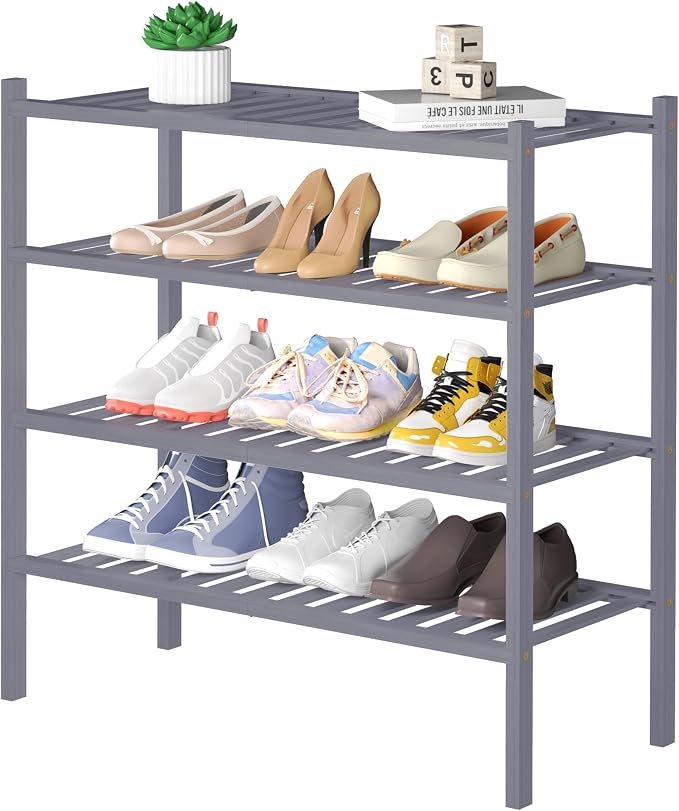 ROMGUAR CRAFT 4 Tier Bamboo Shoe Rack for Closet Free Standing Wood Shoe Shelf for Entryway Small Space Stackable 27"x11"x26" (Grey)