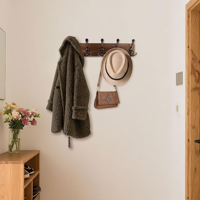 Coat Rack Wall Mount 16.8'' Rustic Hat Rack with 5 Triple Hooks Coat Hooks Wall Mount Farmhouse Wall Hooks for Hanging Coat, Bags, Towels