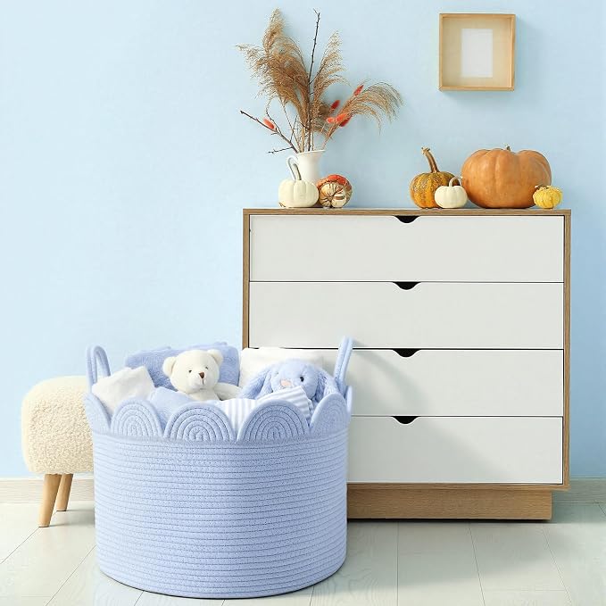 LemonRoad Blue Round Basket Large Blanket Basket 16" x 14" Scalloped Woven Baskets Cotton Storage Baskets for Nursery Classroom Closet Blankets Storage Home Decor