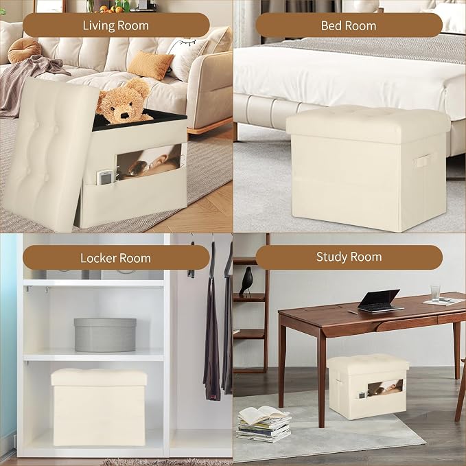 BelugaHelper Storage Ottoman Foot Rest Stool, Folding Leather Footstool Bench with Thicker Foam Padded Seat. Short Foot Stool Ottoman with Storage for Living Room Bedroom 350 lbs, 17x13x13in, Beige | Ottoman Foot Rest Stool with Thicker Foam Padded Sea...