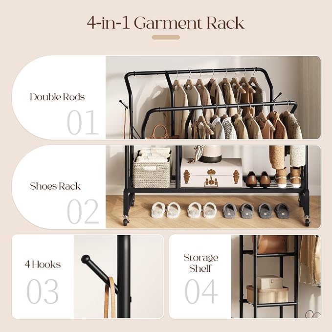 Yoobure Double Rods Clothes Rack - Portable Clothing Rack with Wheels, Rolling Garment Rack with 3-Tier Shelves & 4 Hooks, Freestanding Clothing Racks for Hanging clothes, Coat Rack for Closet Bedroom