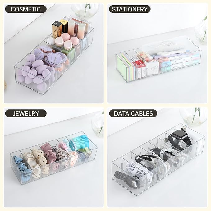 FRETONBA 2 Pack Cable Storage Organizer Box with 8 Compartments, Small | Stackable Design, Adjustable Divider, Clear for Quick Access, 14 Reusable Wire Ties, Fits Drawer & Desk