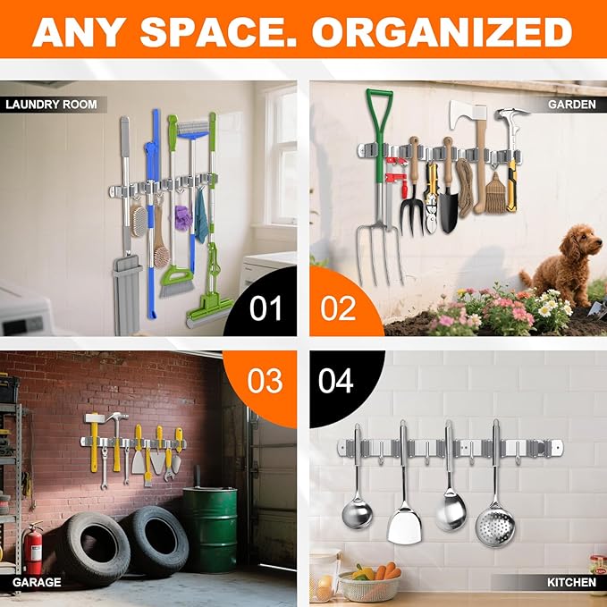 Broom Holder Wall Mount Mop Organizer, 5 Racks 4 Hooks | Premium Stainless Steel Mop Holder Storage Tool Utility Racks Solid for Home Kitchen Garden Laundry Garage