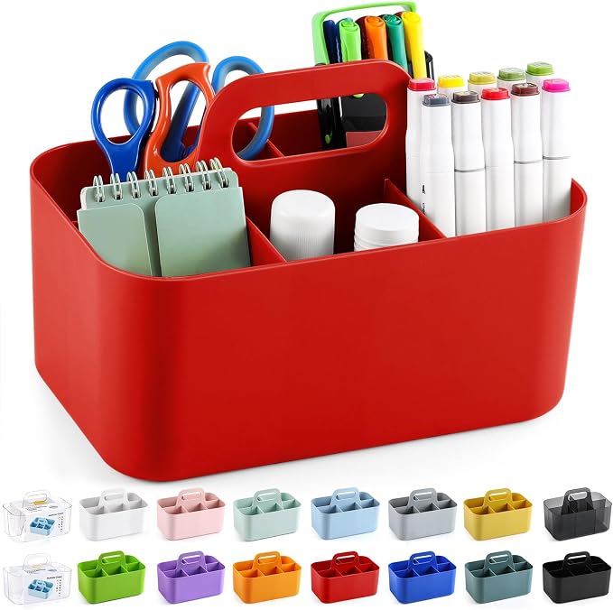 Multiuse Caddy Organizer with Handle, Portable Divided Plastic Tote Bin - Art Craft, Stationary Pen Marker Crayons, Makeup Hair Supplies Storage - Bathroom, Classroom, Dorm, Office, Desk Holder - Red