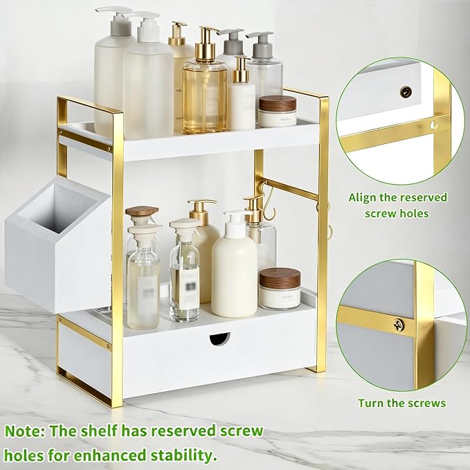 2-Tier Bathroom Counter Organizer, Wooden Vanity Shelf with Drawer & Basket | Pre-Drilled Holes, Skincare & Makeup Countertop Organizer and storage, White-gold