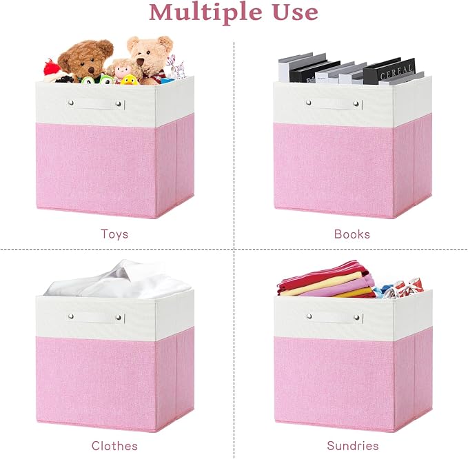 FinishingBo 13x13x13 Storage Cube Bins 6 Pack, Cube Shelf Baskets | Foldable Storage Cubes, Linen Storage Bins with Handles, Closet Organizers, White/Pink