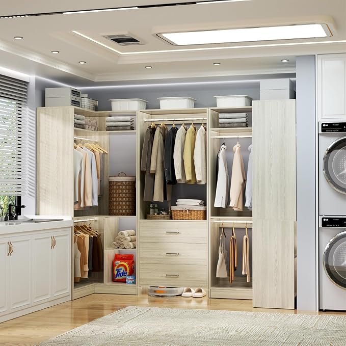 Aheaplus Closet System with 3 Drawers, 5 Hanging Rods & Corner Tower, Corner Closet System with Hanging, 88.8" U-Shaped Walk-In Wardrobe Organizer, 2000+ lbs Capacity, Set of 3, White Oak