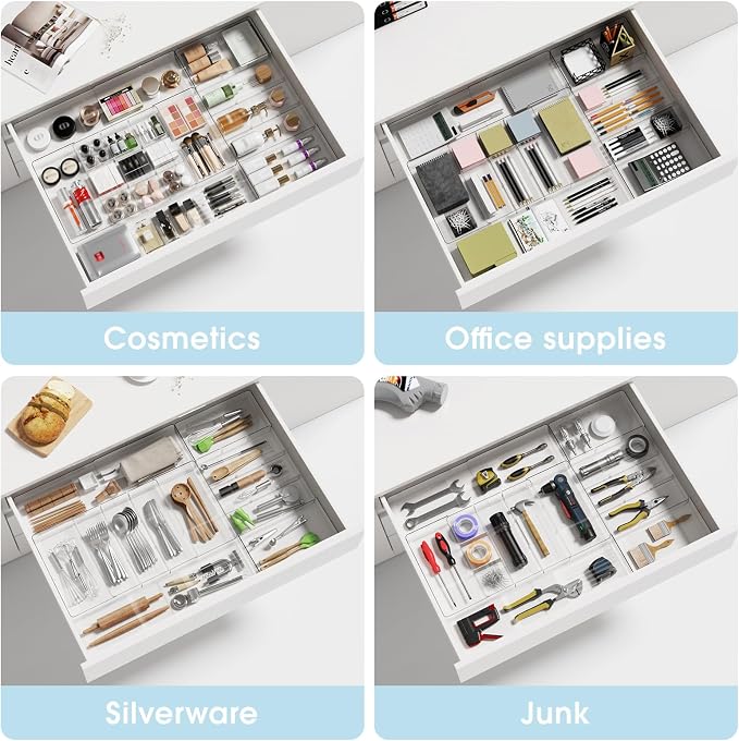 Expandable Makeup Drawer Organizer, Clear Silverware Drawer Organizer Tray. | Width (10.6"-20.1") Depth (11"-20.1") Height1.9", with 6 Removable Dividers, Great for Cosmetic,Utensils,Stationery,Office
