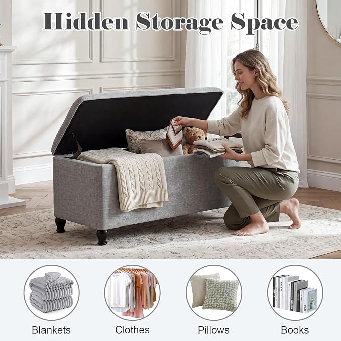 Homebeez 41" Linen Storage Ottoman Bench with Button Tufted Top & Wooden Legs, Upholstered Storage Bench for Bedroom, Entryway, Living Room