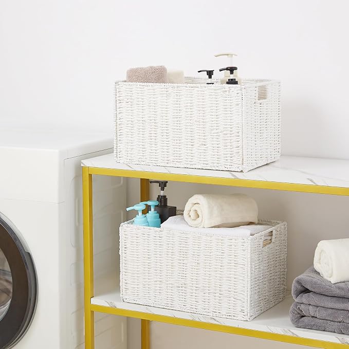 Vagusicc Wicker Storage Basket, Set of 2 Hand-Woven Paper Rope Wicker Basket, Large Storage Baskets for Organizing, Foldable Large Cube Storage Organizer Bins for Shelves (White)