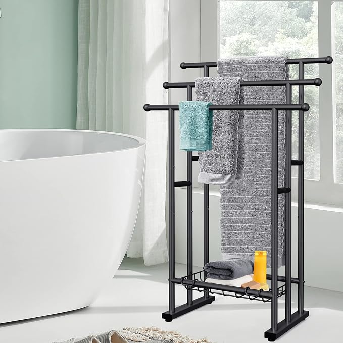 Kayfia 40'' Freestanding 3 Tier Alloy Steel Towel Rack with Storage Basket | Dual-Use Drying & Display Rack, Holds Oversized Bath Towels & Blankets, Fits Bathroom, Tub, Shower, Poolside, Black