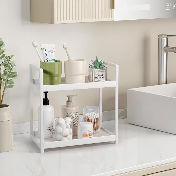 Bathroom Counter Organizer Vanity Storage Countertop Shelf, Small White | 2 Tier Makeup Organizer Perfume Tray Skincare Holder for Sink, Dresser, Kitchen