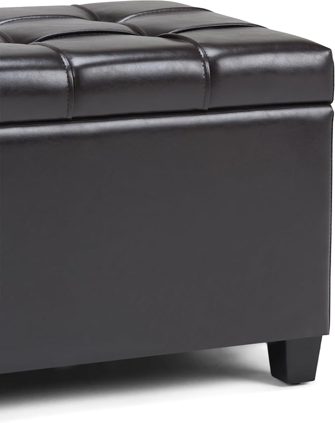 SIMPLIHOME Avalon 35" Wide Vegan Leather Storage Ottoman in Denim Blue | Transitional ottoman with tufting and lift-up lid; rectangle storage bench for living room or entryway.