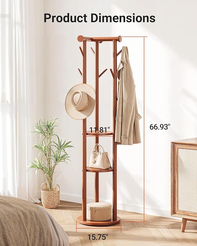 Pipishell Solid Wood Freestanding Coat Rack with 5 Wheels, 9 Hooks, Shelves | 100% pine wood, 5 smooth-rolling wheels, 3-tier storage shelves, thickened base, T-shaped top for balance, CARB-certified