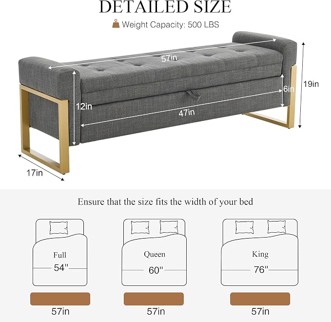 adochr 57" Storage Ottoman Bench, Upholstered End of Bed Bench, Dark Grey | Metal Legs & Button-Tufted, Linen Ottoman with Storage 500 lb Capacity for Living Room, Bedroom, Entryway