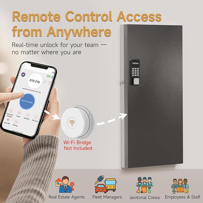 120 Key Lock Box Smart Key Organier Cabinet with Keypad & App for Office | Wall Mounted Lockbox use App, Custom & One Time Password, WiFi (Need W100 Bridge) Unlock for School, Office, Fleet, Hotel