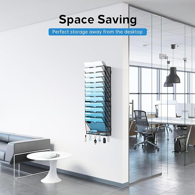 SUPEASY 13-Tier Wall File Organizer, Wall File Holder with Hooks, Mesh Hanging File Organizer, Mail Organizer Wall Mounted for Papers, Folders, Office Magazine Rack, Assembly Needed, Black | Mesh Wall File Holder, Mail Organizer Wall Mounted for Papers...