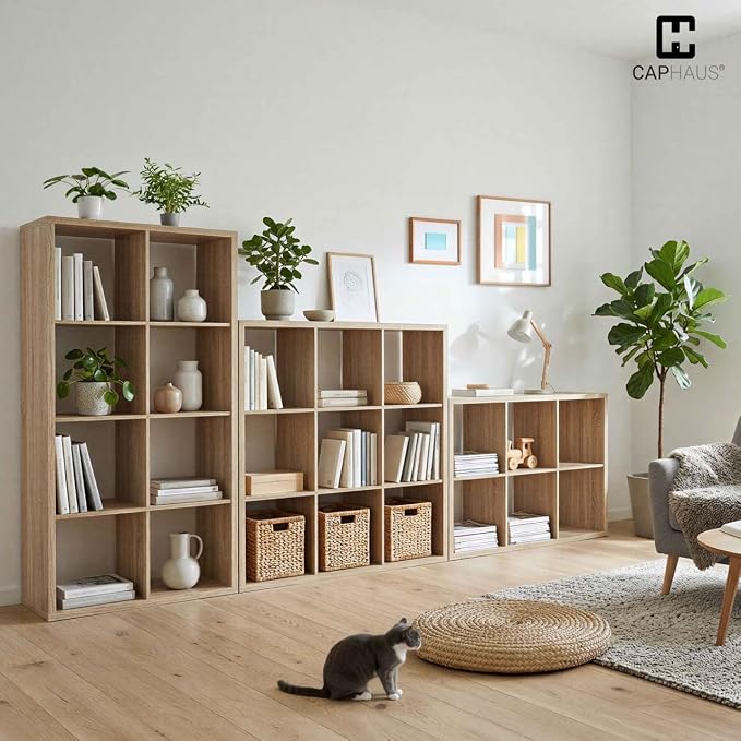 CAPHAUS Sturdy Room 13-Inch Cube Storage Organizer Shelf, with Extra Thick Exterior Edge, Open Storage Shelf Divider, Bookcase, 6-Cube, Natural Oak