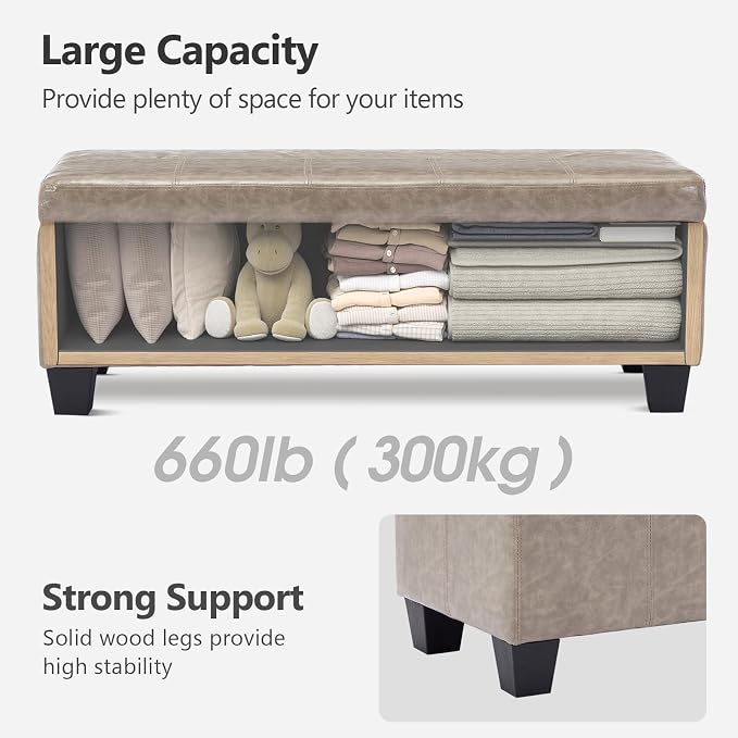 41.5 Inch Light Gray Faux Leather Storage Ottoman Bench for Small Spaces | 2.8 cu ft storage capacity,660 lbs weight limit,solid wood legs,fits modern nordic home decor
