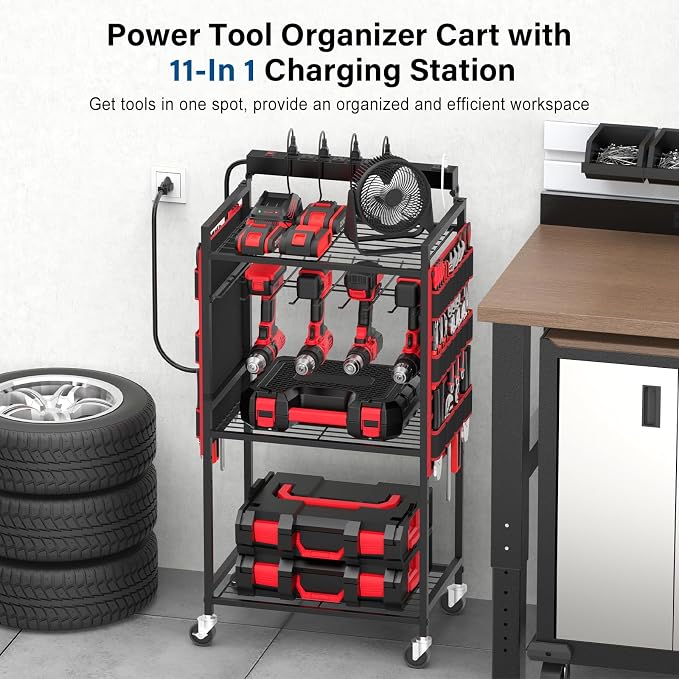 JUNNUJ Power Tool Charging Organizer Cart, 8 Outlet 3 USB, 6 FT Cord, Red | Floor Rolling, Large Tools Storage Cart on Wheels, Heavy Duty Drill Battery Station, Utility Rack Shelf for Garage Workshop