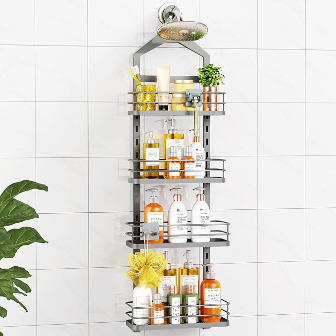 ODesign 4 Tier Adjustable Hanging Shower Caddy Over Showerhead Grey | Shower organizer hanging,no drilling required,comes with removable hook and storage box, suitable for indoor showers