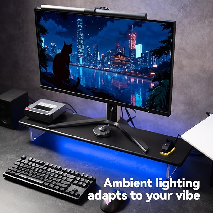 Bamboo Monitor Stand, Desk Shelf with Acrylic Legs and RGB Lights | 31.5-Inch Wide, 3.3-Inch Clearance, Fits Monitor, Laptop, Printer and Speakers for Small Desks
