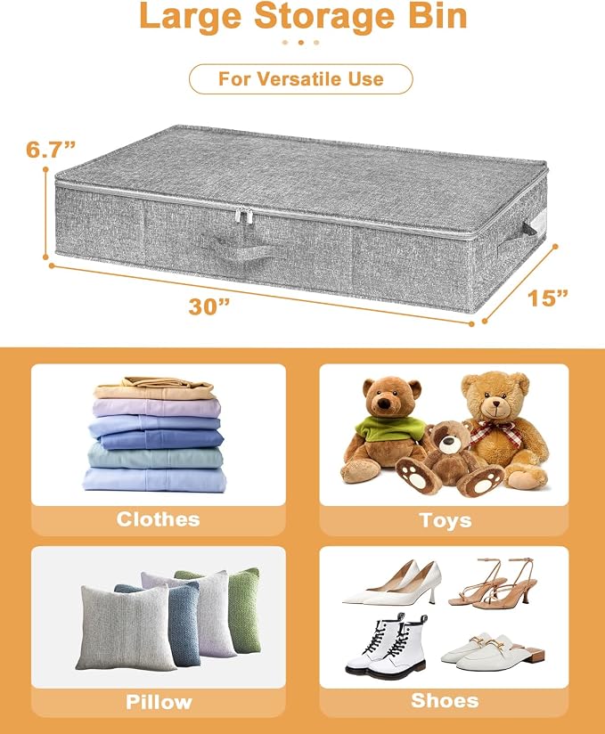 punemi 6.7 in Tall Sturdy Under Bed Storage Container with Lid, 2Pack, Gray | Stackable Clothes Storage Bag with rigid side and bottom , for Blankets, Bedding& Shoes, Closet,Dorm & Bedroom Organization