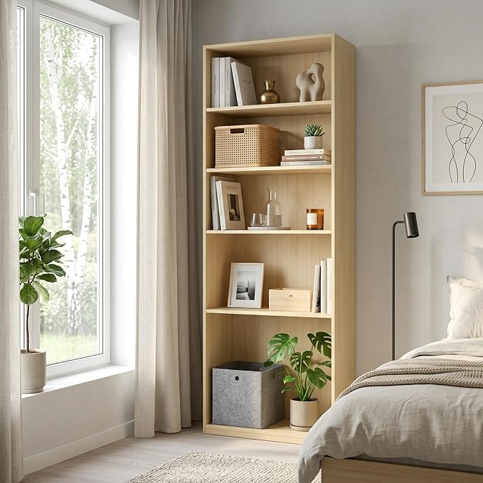 CTESNE【2026 Adjustable Shelves 5-Tier Bookcase, 71 inches, Wooden Open Display Floor Bookshelf (Oak Color)