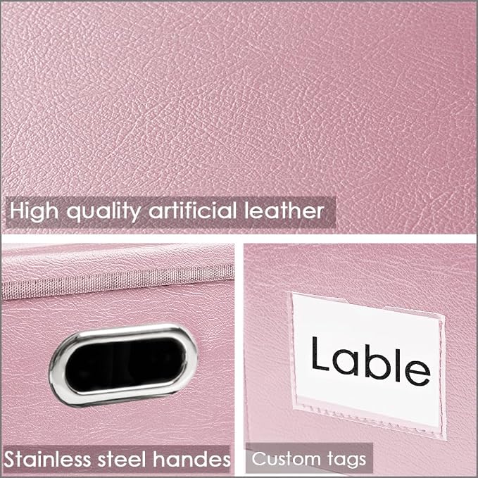 PRANDOM Large Stackable Storage Bins with Lids [3-Pack] Leather Fabric Foldable Storage Boxes Organizer Containers Baskets Cube with Cover for Bedroom Closet Office Nursery Pink (17.7x11.8x11.8)