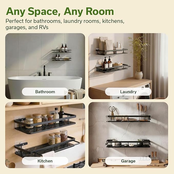 EVALAND Self Adhesive Shower Caddy Organizer 2-Pack No-Drill Storage | Hooks and Rod for Towels, Shower Shelves for Inside Shower, Bathtub Shelf, Rustproof, Rack, Easy Installation, Sturdy